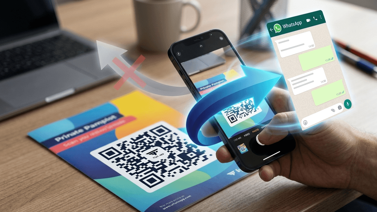 Phone scanning a dynamic QR code on a flyer, with the destination changed to a WhatsApp chat