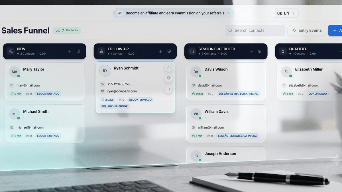Interface do CRM da FlyB mostrando o funil de vendas com contatos organizados nos estágios Novo, Follow-up, Sessão Agendada e Qualificado.